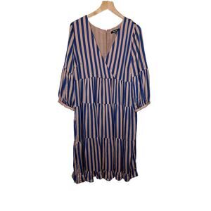 Madewell Tan & Blue Striped Faux Wrap Long Sleeve Ruffle Midi Dress Size 6